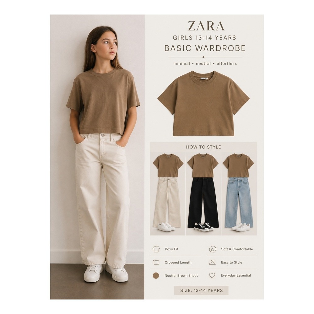 ZARA Girls 13-14Y Boxy Cropped Tee Brown Minimalist Neutral Capsule Wardrobe